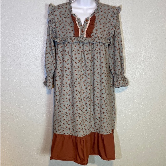 Ullala Brown and Blue Pajama Set with Empire Waist and Ruffled Cuffs - Picture 1 of 7